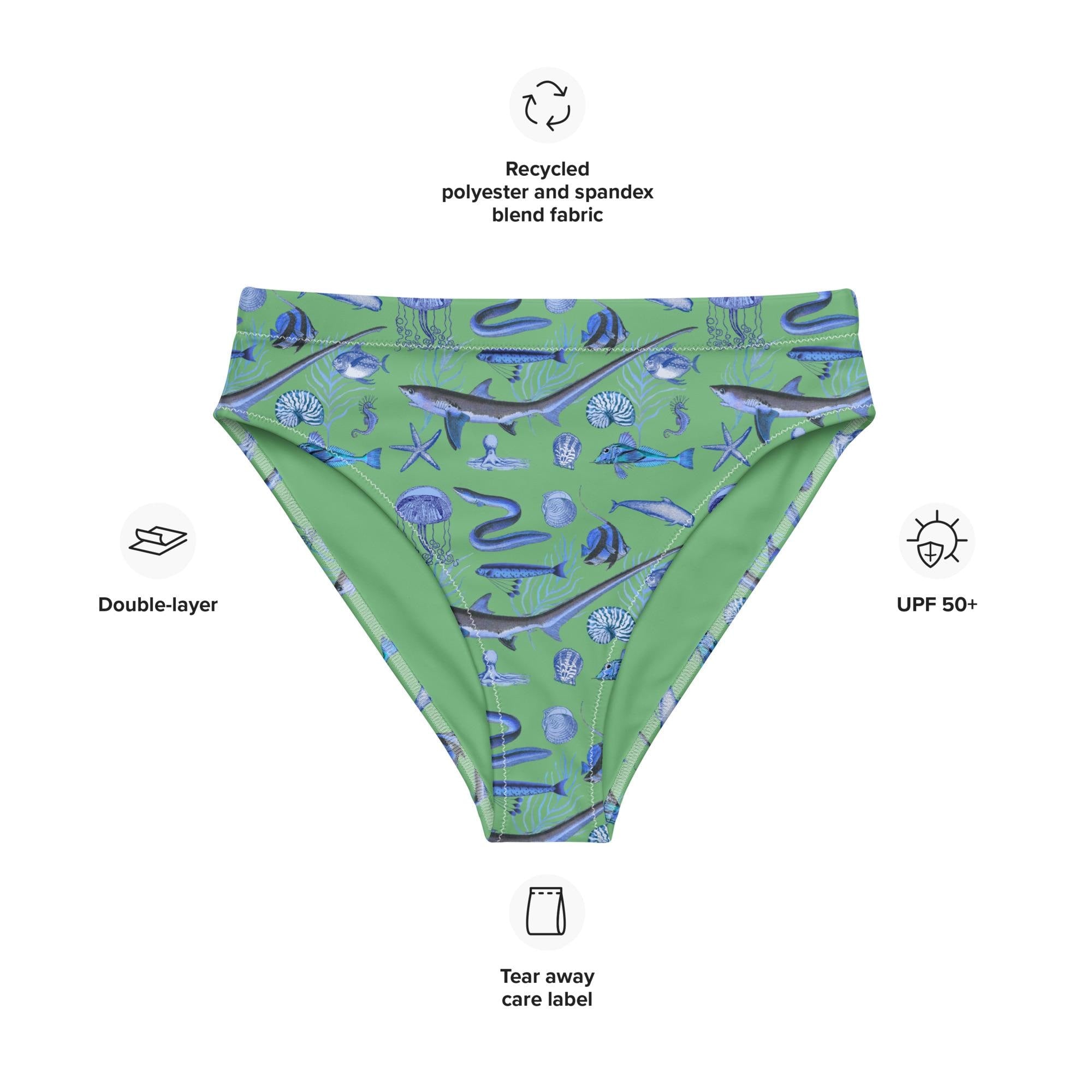 Deep Blue Ocean Creatures Bikini bottom, Vintage Fish Pattern by Millot, All-Over Print High-Waisted BOTTOMS , Sustainable Swimwear SEAFOAM