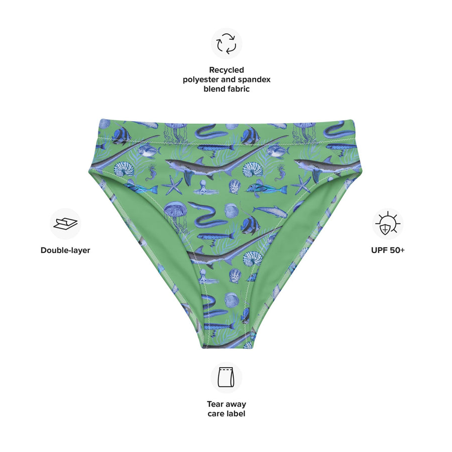 Deep Blue Ocean Creatures Bikini bottom, Vintage Fish Pattern by Millot, All-Over Print High-Waisted BOTTOMS , Sustainable Swimwear SEAFOAM