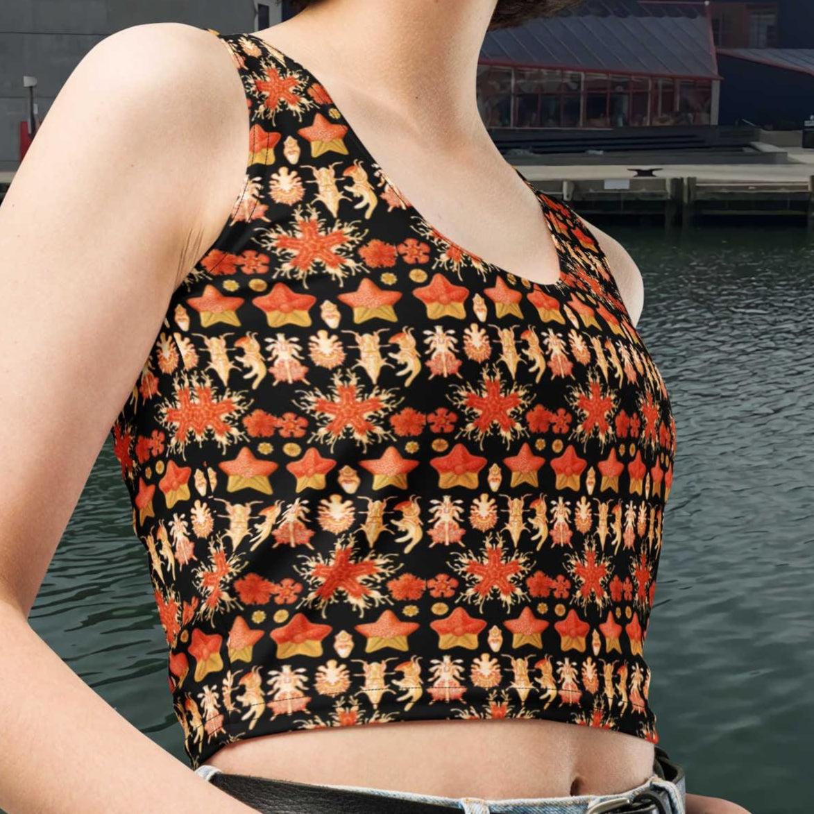 Asteridea Starfish Women’s Crop Top, Restored Ernst Haeckel Ocean Art, Body-Hugging Fit, Vintage Marine Life Print, Eco Beachwear