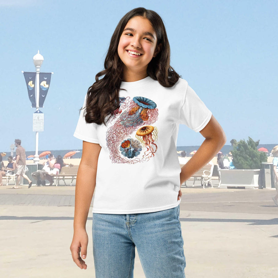 Discomedusa Jellyfish Youth T-Shirt, Haeckel Vintage Ocean Art, Gildan 5000B, Durable Marine Biology Kids Tee, Educational Sea Life Gift