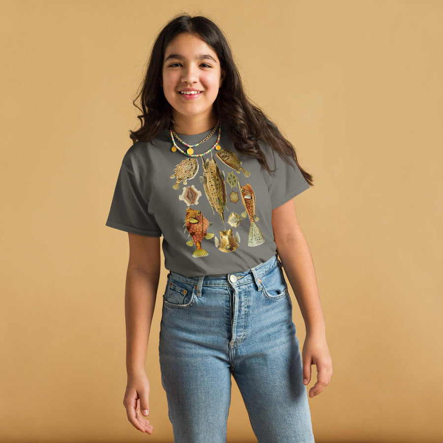 Ostraciontes Cowfish Youth T-Shirt, Ernst Haeckel Horned Boxfish Drawing, Gildan 5000B Durable Ocean Science Tee, Marine Biology Kids Gift