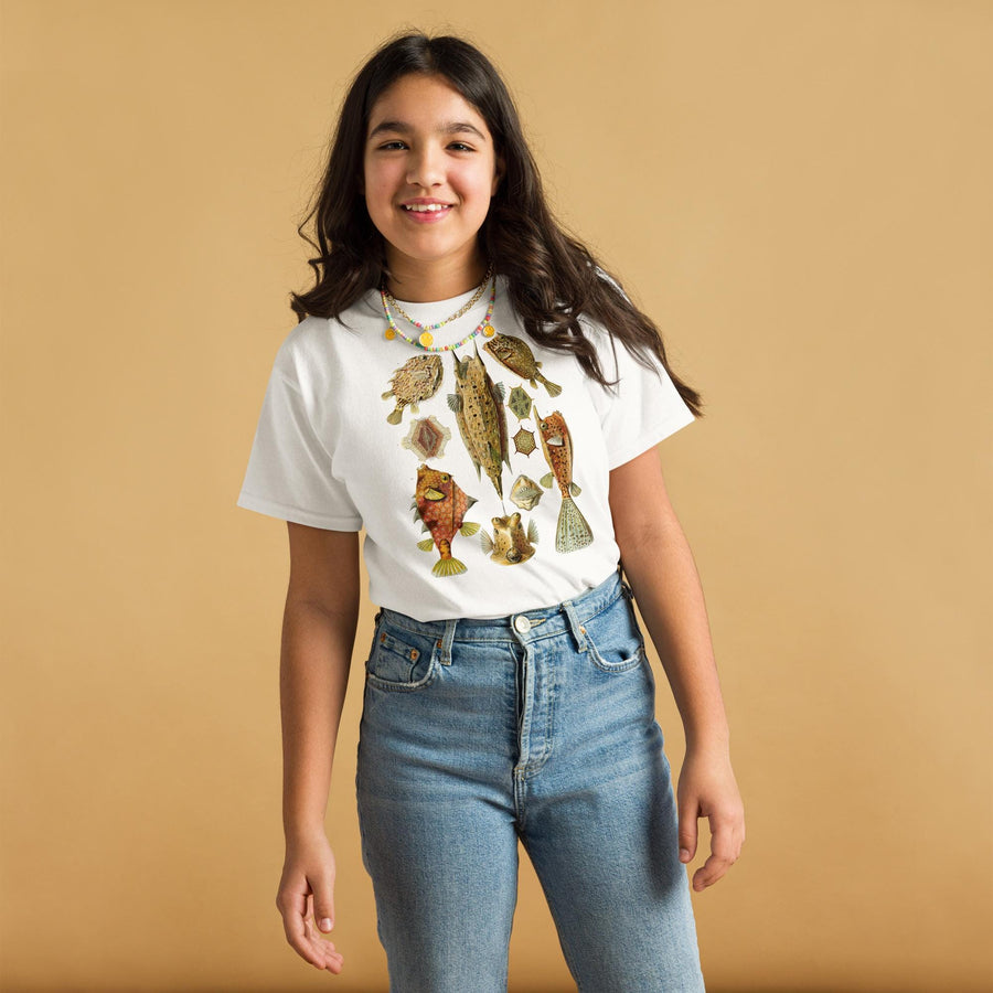 Ostraciontes Cowfish Youth T-Shirt, Ernst Haeckel Horned Boxfish Drawing, Gildan 5000B Durable Ocean Science Tee, Marine Biology Kids Gift