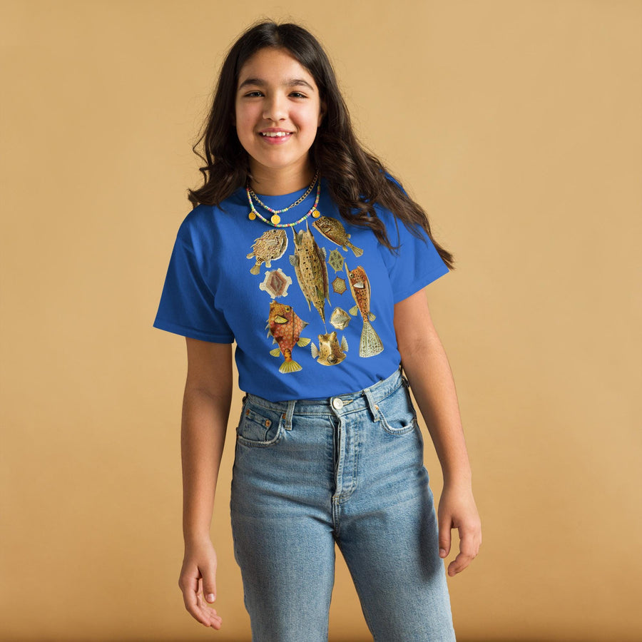 Ostraciontes Cowfish Youth T-Shirt, Ernst Haeckel Horned Boxfish Drawing, Gildan 5000B Durable Ocean Science Tee, Marine Biology Kids Gift
