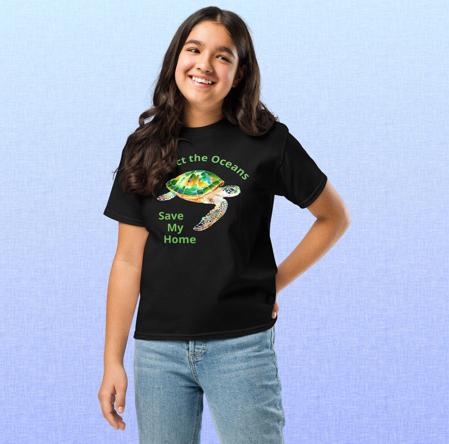 Protect the Oceans Youth T-Shirt | Endangered Green Sea Turtle Art, Save My Home Message, Gildan 5000B, Durable Eco Kids Shirt