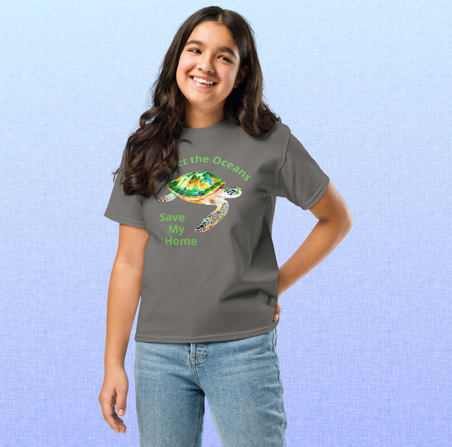 Protect the Oceans Youth T-Shirt | Endangered Green Sea Turtle Art, Save My Home Message, Gildan 5000B, Durable Eco Kids Shirt
