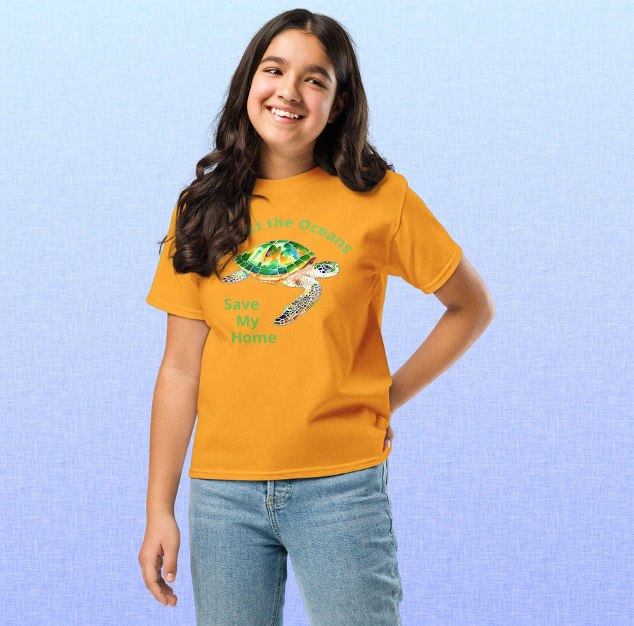 Protect the Oceans Youth T-Shirt | Endangered Green Sea Turtle Art, Save My Home Message, Gildan 5000B, Durable Eco Kids Shirt