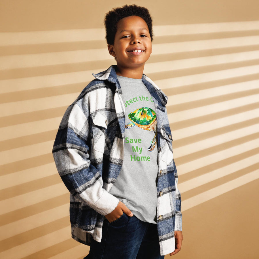 Protect the Oceans Youth T-Shirt | Endangered Green Sea Turtle Art, Save My Home Message, Gildan 5000B, Durable Eco Kids Shirt