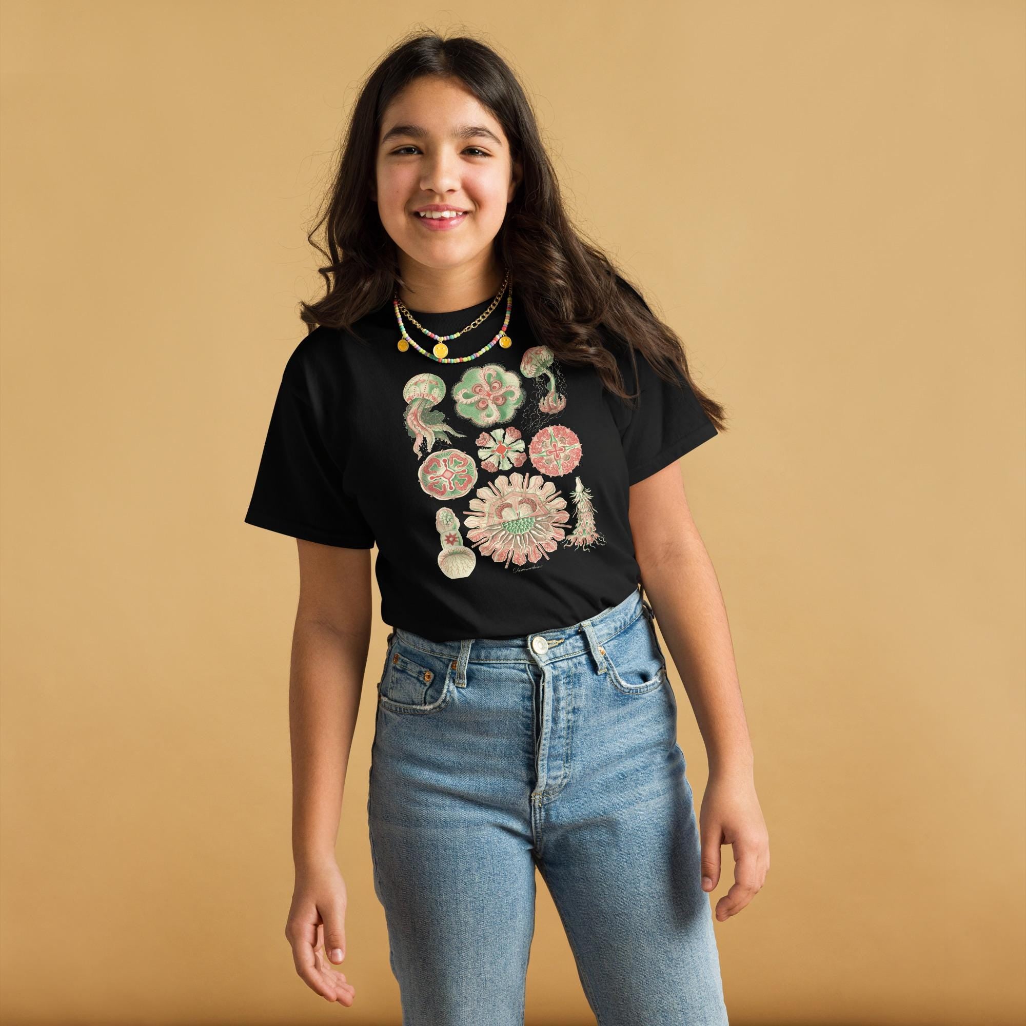 Scyphozoa Jellyfish Youth T-Shirt, Ernst Haeckel 1899 Marine Biology Art, True Jellyfish Anatomy, Gildan 5000B Ocean Science Kids Tee