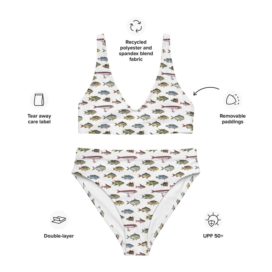 Vintage Fish Recycled Bikini | All-Over Print High-Waisted Swim Set | Bloch Seamless Pattern | Eco-Friendly UPF 50+ Swimwear