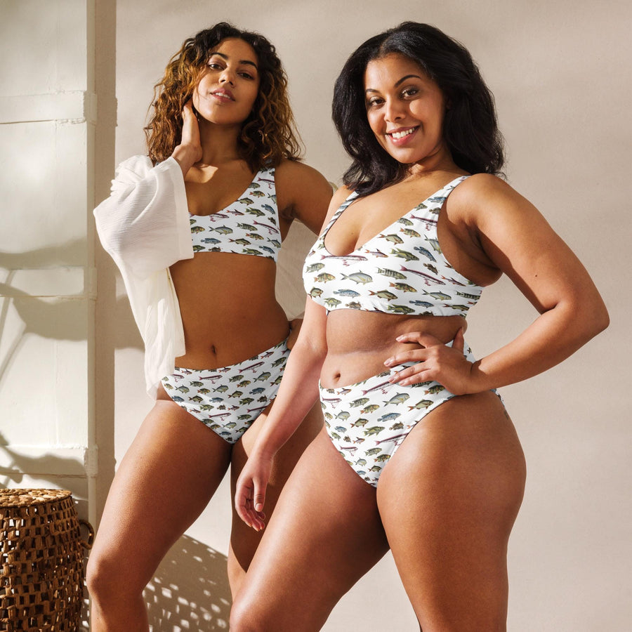 Vintage Fish Recycled Bikini | All-Over Print High-Waisted Swim Set | Bloch Seamless Pattern | Eco-Friendly UPF 50+ Swimwear