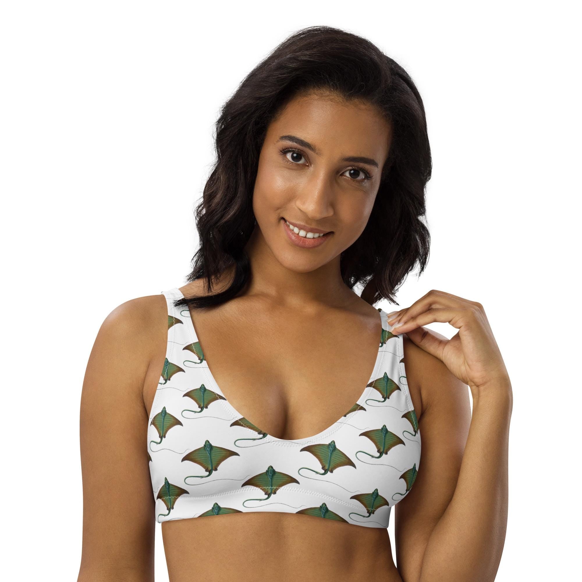 Stingray Bikini Top | Recycled Padded Swimwear with Vintage Adolphe Millot Art | Eco-Friendly Ocean Life Pattern
