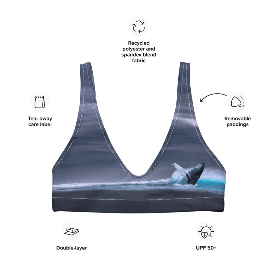 Gray Whale Bikini Top | Breaching Whale with Ocean Horizon Print | Recycled Padded Swim Top | Eco-Friendly Marine-Inspired Swimwear