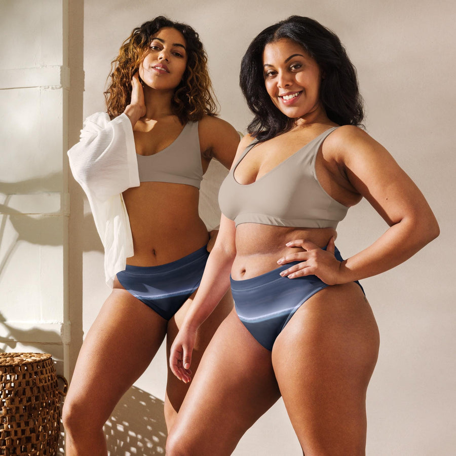 Gray Whale Bikini Bottom | High-Waisted Recycled Swimwear with Ocean Horizon | Whale Breach on Back | Sustainable Two-Piece Bottom