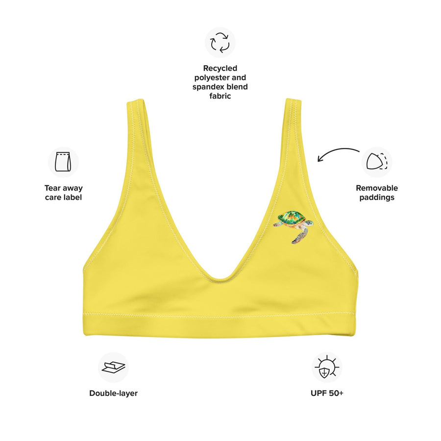 Minimalist Green Sea Turtle Bikini Top, Color-Splash Logo Design by Ocean Vista, Recycled Padded Swimwear, Eco-Friendly Ocean-Inspired Style