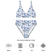 Deep Blue Ocean Creatures Bikini Set, Vintage Fish Pattern by Adolphe Millot, All-Over Print High-Waisted Bikini, Sustainable Swimwear