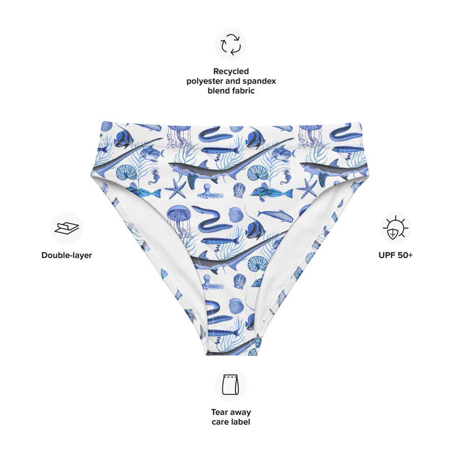 Deep Blue Ocean Creatures Bikini bottom, Vintage Fish Pattern by Adolphe Millot, All-Over Print High-Waisted Bikini, Sustainable Swimwear