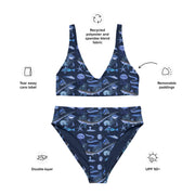 Deep Blue Ocean Creatures Bikini Set, Vintage Fish Pattern by Adolphe Millot, All-Over Print High-Waisted Bikini, Sustainable Swimwear NAVY