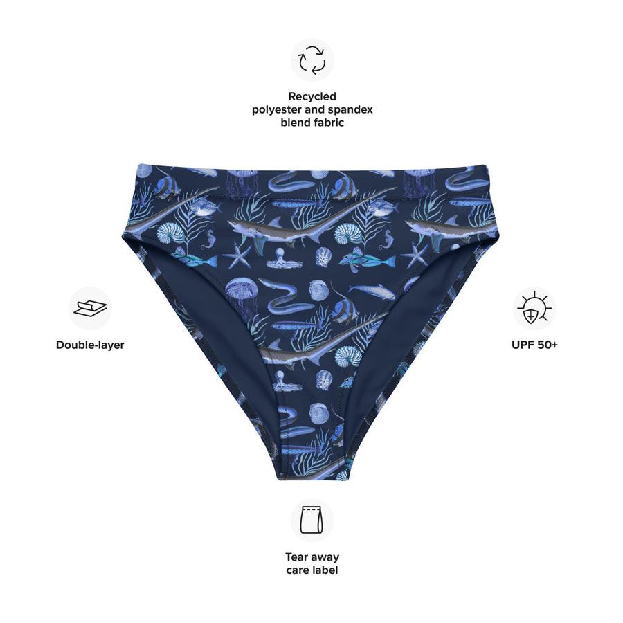 Deep Blue Ocean Creatures Bikini Set, Vintage Fish Pattern by Adolphe Millot, All-Over Print High-Waisted Bikini, Sustainable Swimwear NAVY