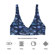 Deep Blue Ocean Creatures Bikini Top, Vintage Fish Pattern by Adolphe Millot, All-Over Print Bathing Suit Top, Sustainable Swimwear NAVY