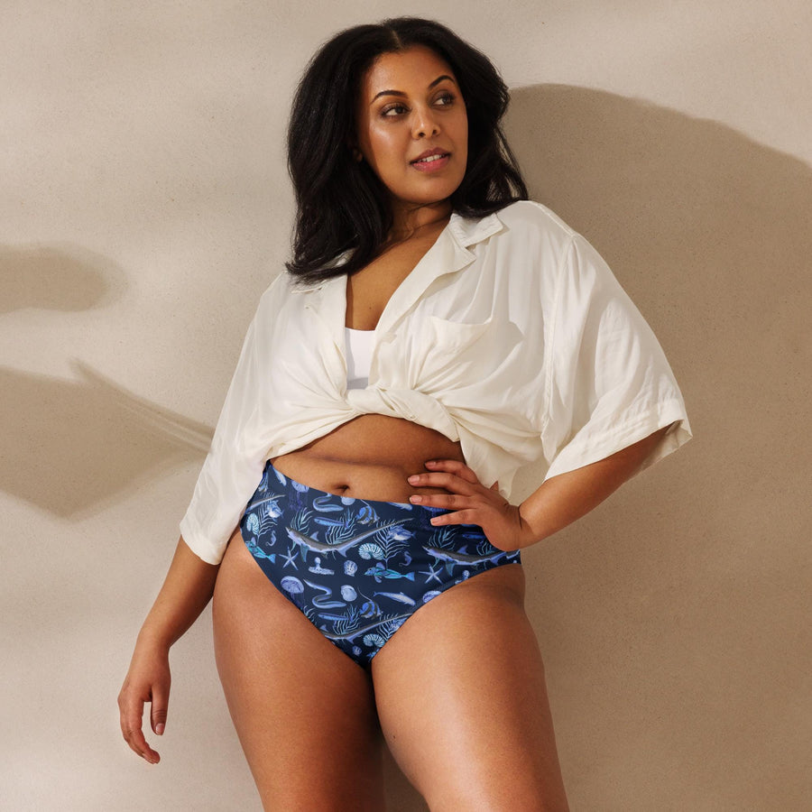 Deep Blue Ocean Creatures Bikini bottom, Vintage Fish Pattern by Millot, All-Over Print High-Waisted BOTTOMS , Sustainable Swimwear NAVY