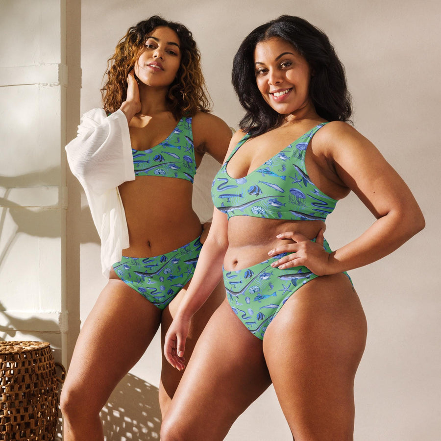 Deep Blue Ocean Creatures Bikini top, Vintage Fish Pattern by Adolphe Millot, All-Over Print bathing top, Sustainable Swimwear Seafoam