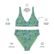 Deep Blue Ocean Creatures Bikini top, Vintage Fish Pattern by Adolphe Millot, All-Over Print bathing top, Sustainable Swimwear Seafoam