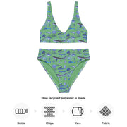 Deep Blue Ocean Creatures Bikini top, Vintage Fish Pattern by Adolphe Millot, All-Over Print bathing top, Sustainable Swimwear Seafoam
