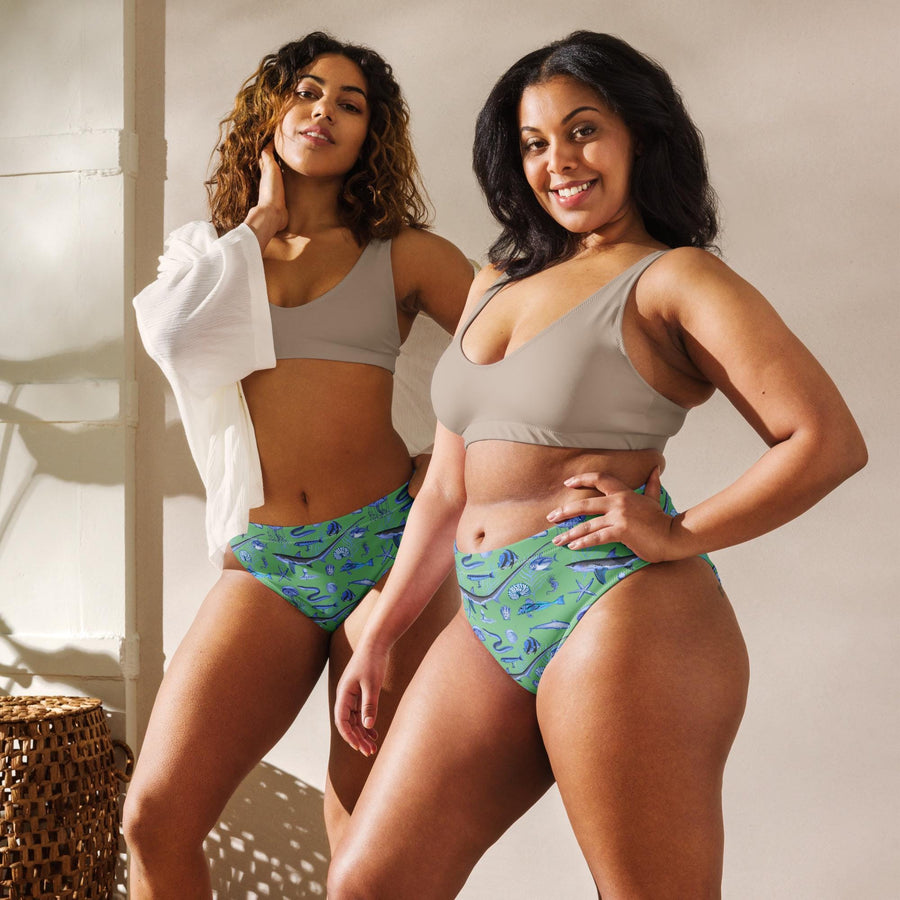 Deep Blue Ocean Creatures Bikini bottom, Vintage Fish Pattern by Millot, All-Over Print High-Waisted BOTTOMS , Sustainable Swimwear SEAFOAM