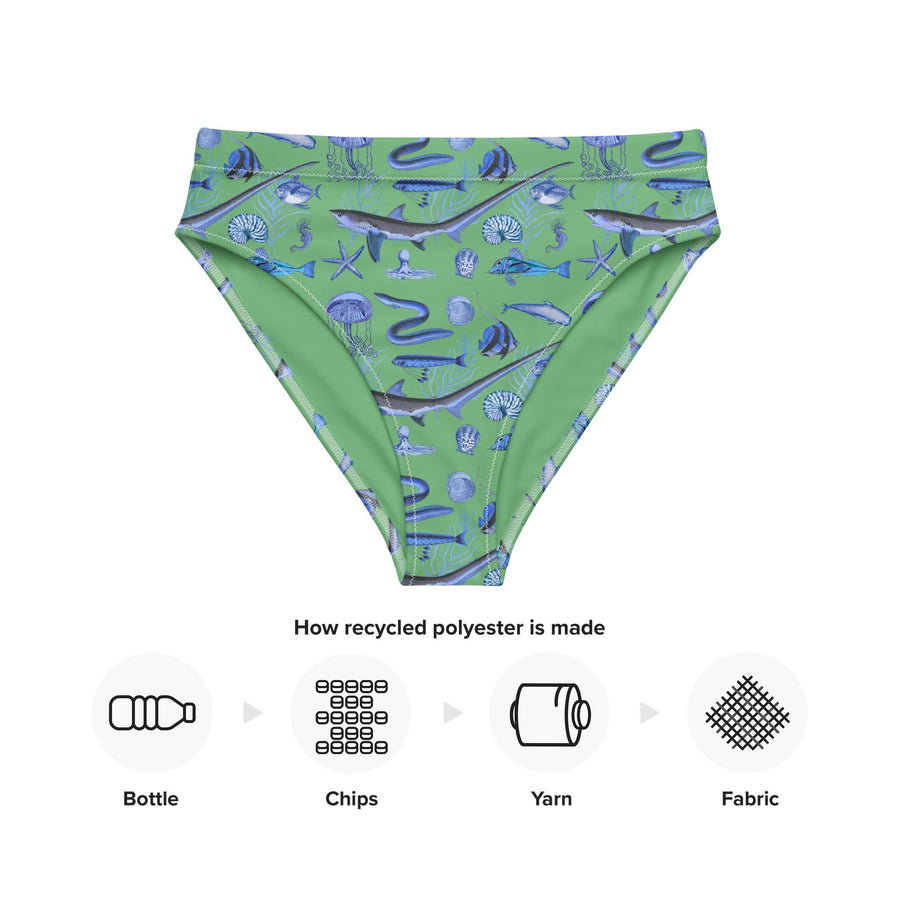 Deep Blue Ocean Creatures Bikini bottom, Vintage Fish Pattern by Millot, All-Over Print High-Waisted BOTTOMS , Sustainable Swimwear SEAFOAM
