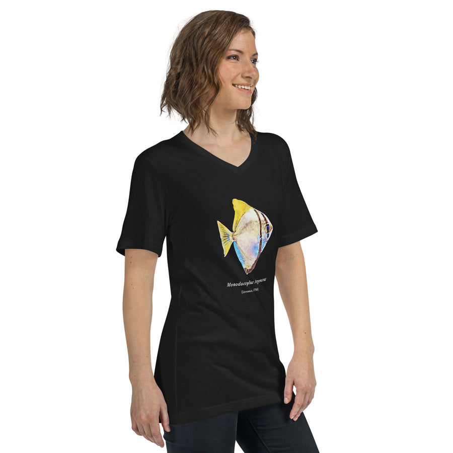 Monodactylus argenteus V-Neck T-Shirt – Silver Moony Fish Minimalist Marine Life Tee
