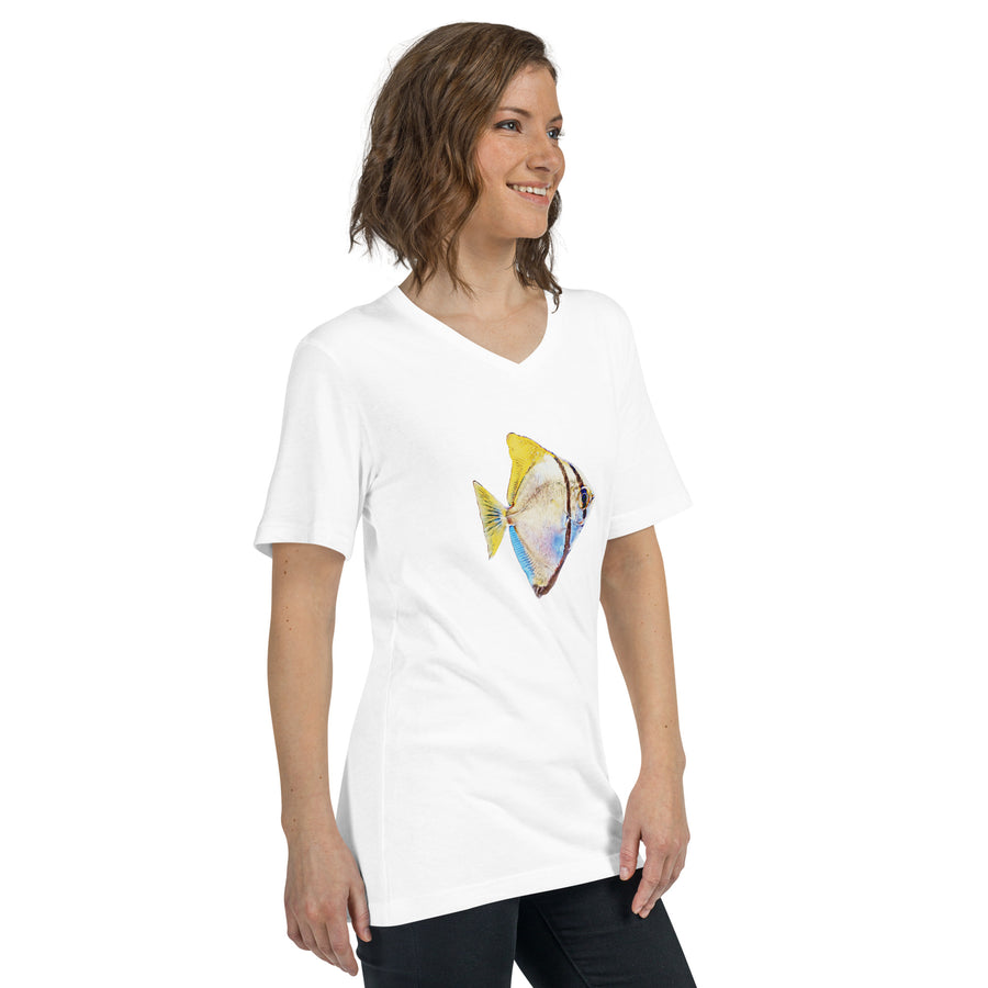 Monodactylus argenteus V-Neck T-Shirt – Silver Moony Fish Minimalist Marine Life Tee