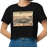 T-shirt with a Vintage Postcard Ad for a 'taxidermized' whale being used as a tourist attraction. Black
