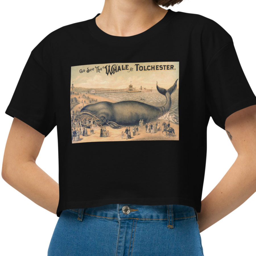 T-shirt with a Vintage Postcard Ad for a 'taxidermized' whale being used as a tourist attraction. Black