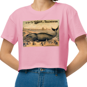 T-shirt with a Vintage Postcard Ad for a 'taxidermized' whale being used as a tourist attraction.  Bubblegum Pink