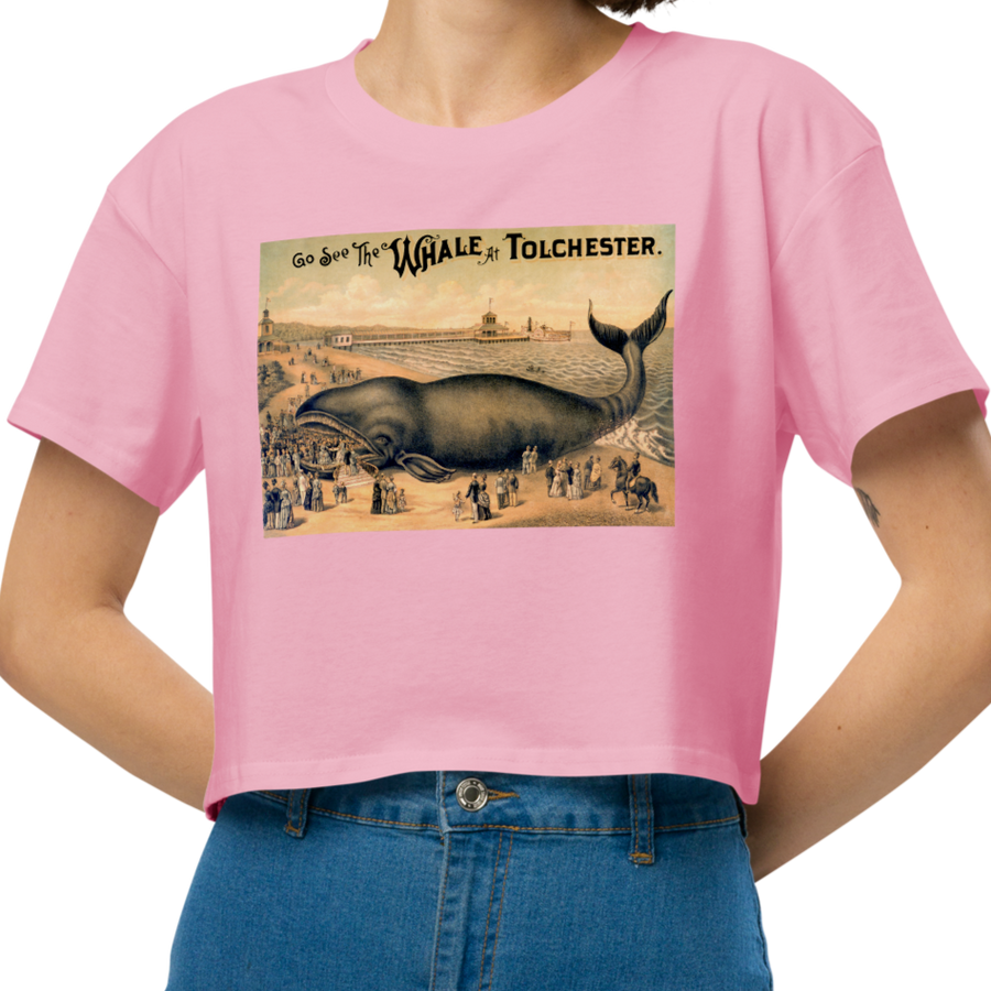 T-shirt with a Vintage Postcard Ad for a 'taxidermized' whale being used as a tourist attraction.  Bubblegum Pink