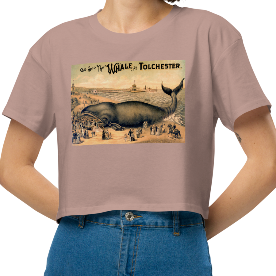 T-shirt with a Vintage Postcard Ad for a 'taxidermized' whale being used as a tourist attraction. Hazy Pink