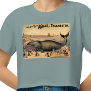 T-shirt with a Vintage Postcard Ad for a 'taxidermized' whale being used as a tourist attraction. Mineral Gray