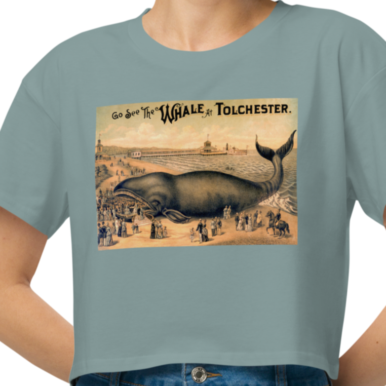 T-shirt with a Vintage Postcard Ad for a 'taxidermized' whale being used as a tourist attraction. Mineral Gray
