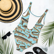 Ocean Fishes One-Piece Swimsuit – Vintage Millot Art, Light Blue Background