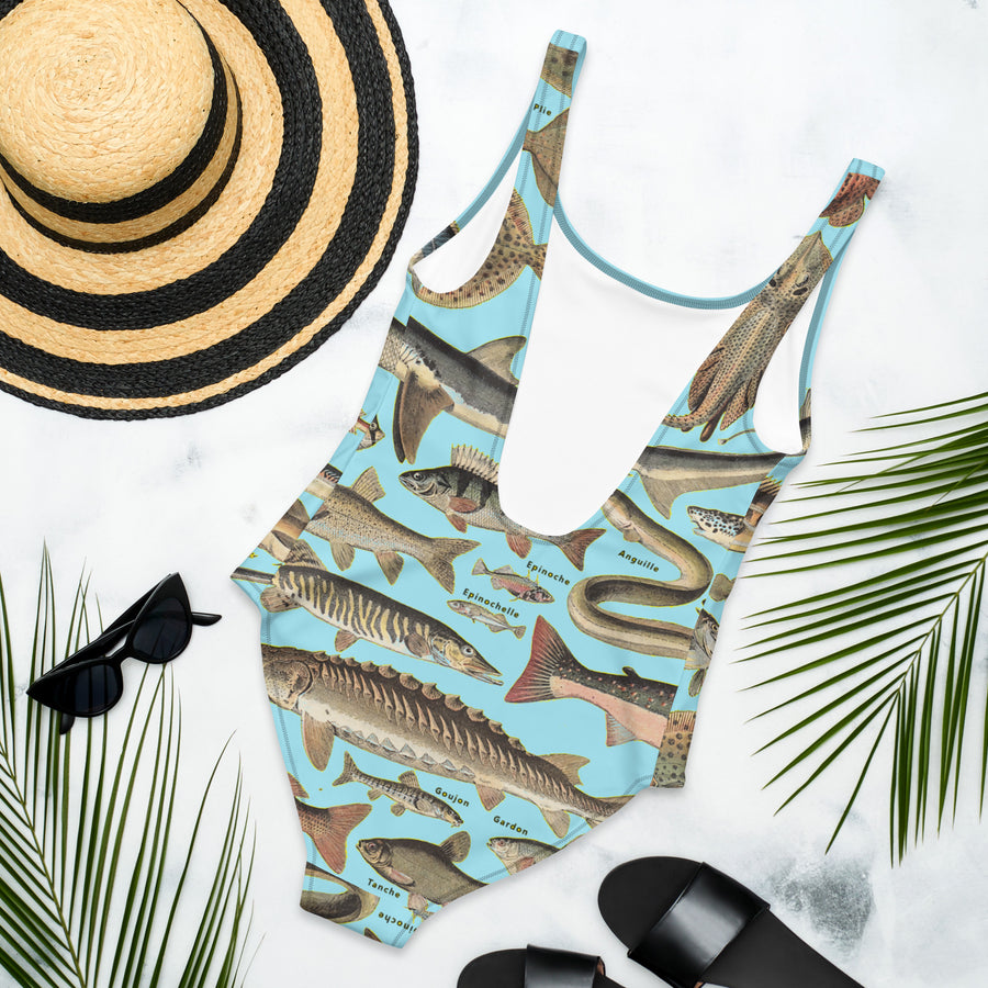 Ocean Fishes One-Piece Swimsuit – Vintage Millot Art, Light Blue Background