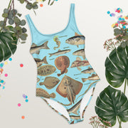 Ocean Fishes One-Piece Swimsuit – Vintage Millot Art, Light Blue Background